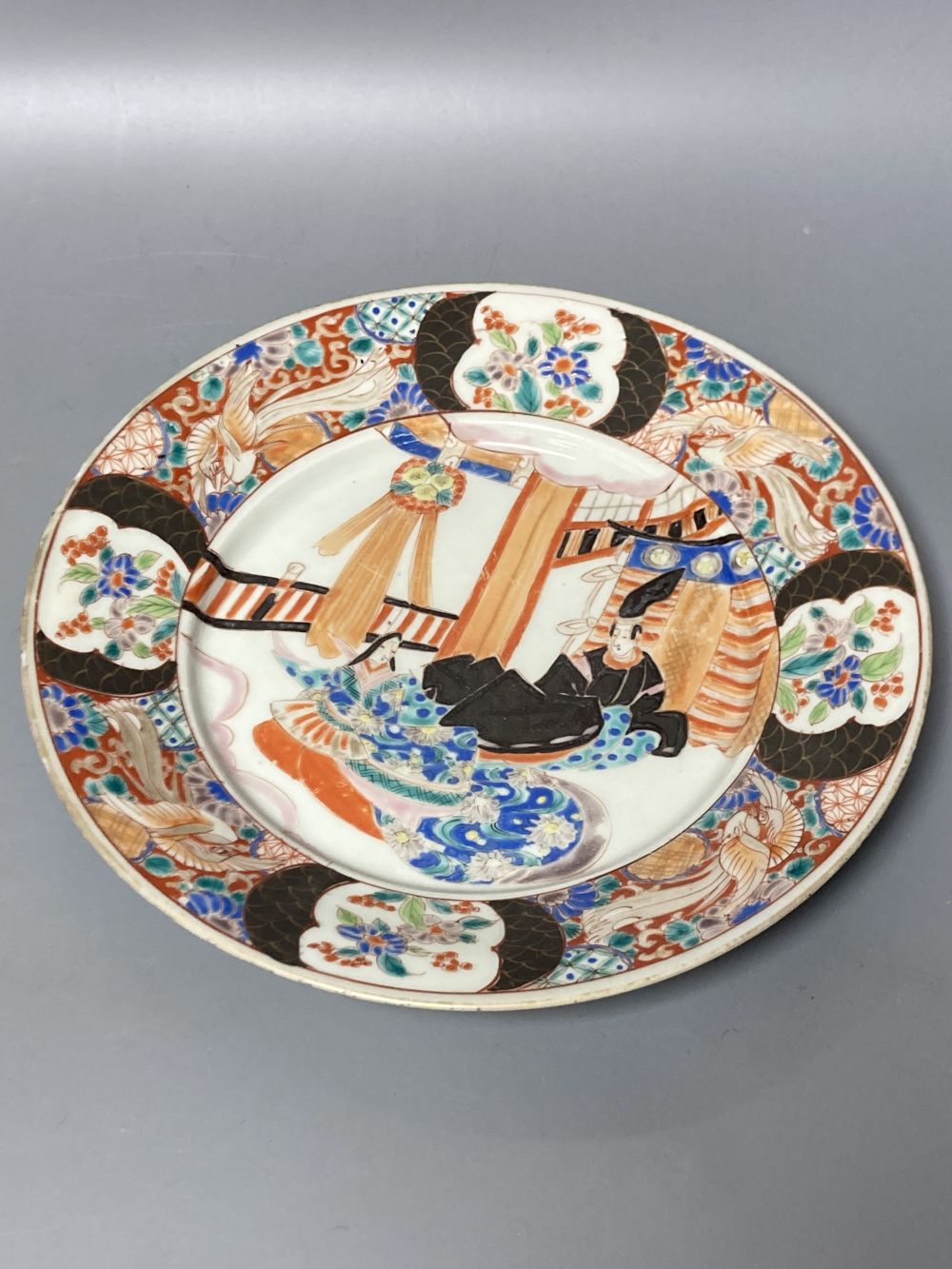 Two Japanese plates, a cloisonne vase and a seal paste box, largest 24.5cm